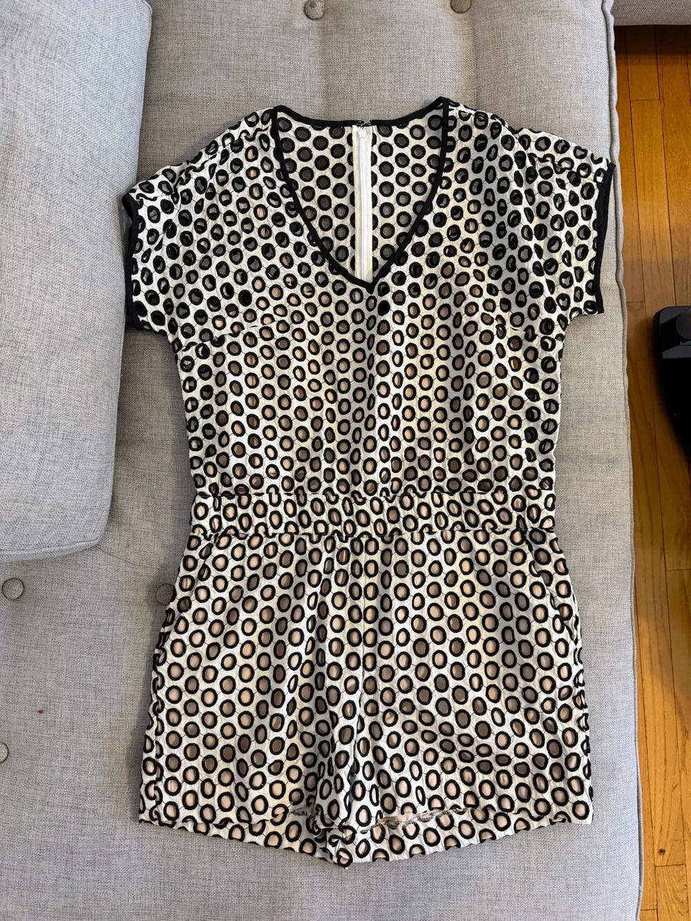 J. Crew Cream Romper with Black Polka Dot Circle Print